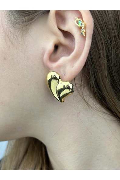 Küpe, Kararmayan Paslanmaz Çelik, Kalp Detaylı, Altın Renk, Model407 ürün görseli 1