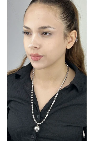 Kolye, Kararmayan Paslanmaz Çelik, Küre Detaylı, Top Zincirli, Gümüş Renk, Model234 ürün görseli 1