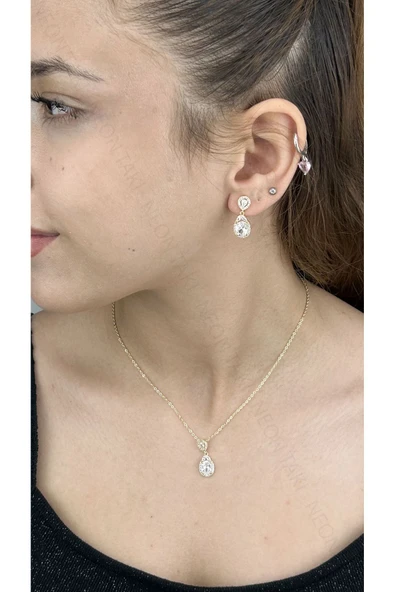 Zirkon Taşlı, Rodyum Kaplama Kolye Küpe Seti 56, Altın Renk - 3