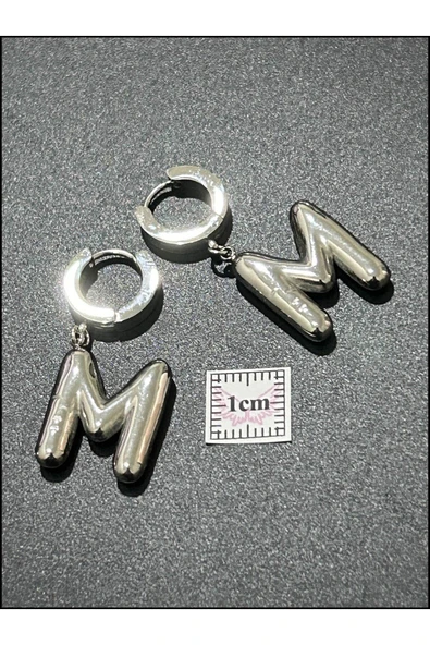 Harf Küpe, Kararmayan Paslanmaz Çelik, M Harf, Balon Formlu, Gümüş Renk, Model297 - Resim 5