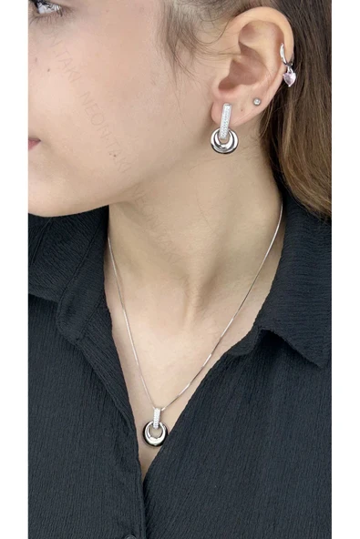 Zirkon Taşlı, Küpe Ve Kolye, Platinyum Kaplama Çelik Set 42, Gümüş Renk - 2