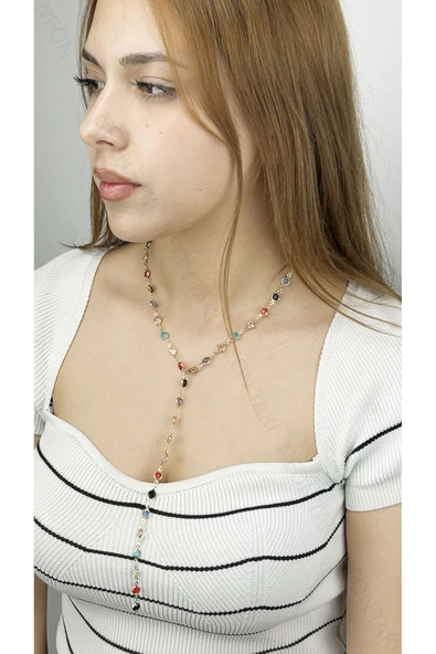 Y Kolye, Çok Renkli 384, Kasa Altın Renk - 3