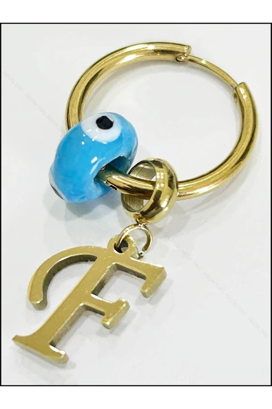 Harf Küpe, Kararmayan Paslanmaz Çelik, F Harf, Nazar Detaylı, Altın Renk, Model160 - Resim 3