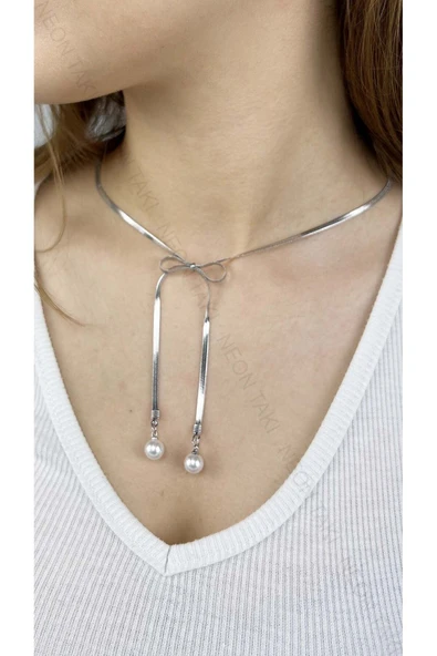 Kolye, Kararmayan Paslanmaz Çelik, Kurdela ve İnci Detaylı, Gümüş Renk, Model356 - Resim 2