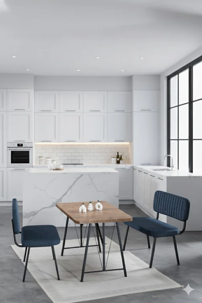 Elfin 70x110cm Sabit Atlantik, Yemek Masası, Yemek Masası Takımı, 2 Lacivert Benchli