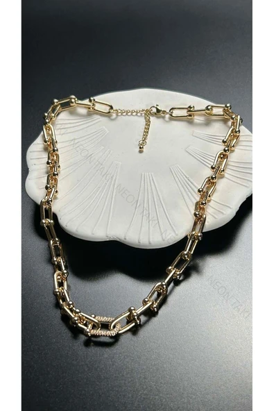 Kolye, Zirkon Taşlı, Kararmayan Paslanmaz Çelik, Orta Tek Halkası Taşlı, Altın Renk, Model104 - Resim 4