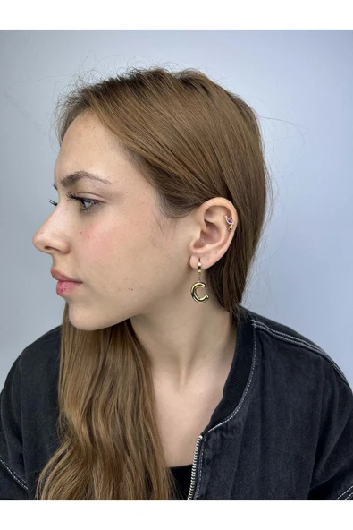 Harf Küpe, Kararmayan Paslanmaz Çelik, C Harf, Balon Formlu, Altın Renk, Model304 - Resim 2