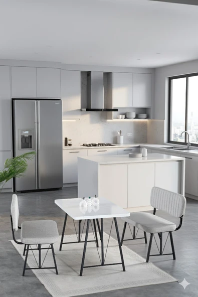 Elfin 70x110cm Sabit Beyaz, Yemek Masası, Yemek Masası Takımı, 2 Gri Benchli