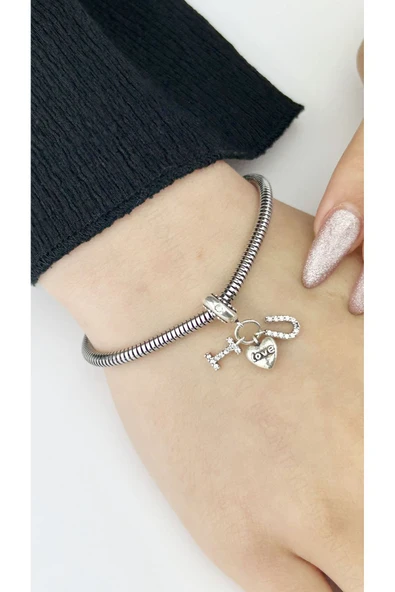 Charm, Zirkon Taşlı, Kararmayan, Seni Seviyorum Detaylı, BİLEKLİK DAHİL DEĞİL, Gümüş Renk, Model42 - Resim 2
