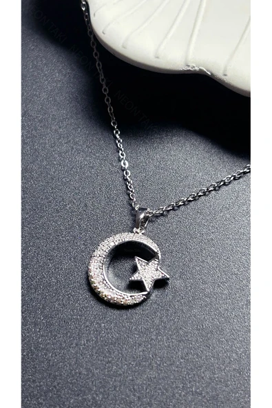 Kolye, Zirkon Taşlı, Kararmayan Paslanmaz Çelik, Ay ve Yıldız Detaylı, Gümüş Renk, Model402 - Resim 4