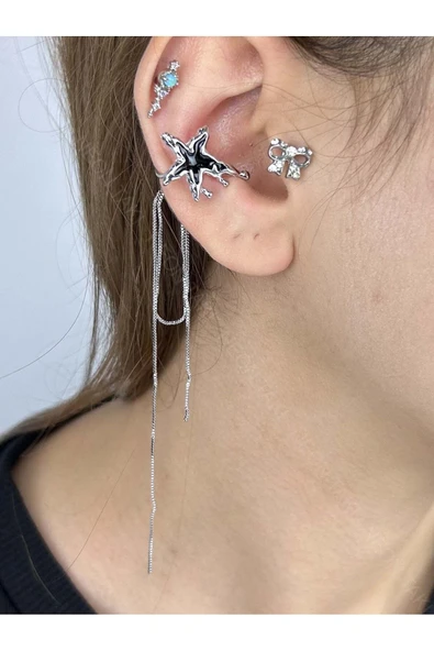 Küpe, Kararmayan Çelik, Kıkırdak bölgesi, Kore Tarzı, Ay ve Yıldız Detaylı, Gümüş Renk, Model595 - Resim 3