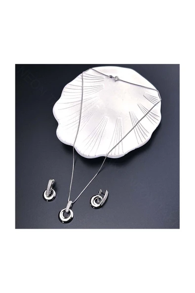 Zirkon Taşlı, Küpe Ve Kolye, Platinyum Kaplama Çelik Set 42, Gümüş Renk - 4