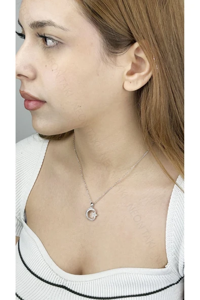 Kolye, Zirkon Taşlı, Kararmayan Paslanmaz Çelik, Ay ve Yıldız Detaylı, Gümüş Renk, Model402 - Resim 2