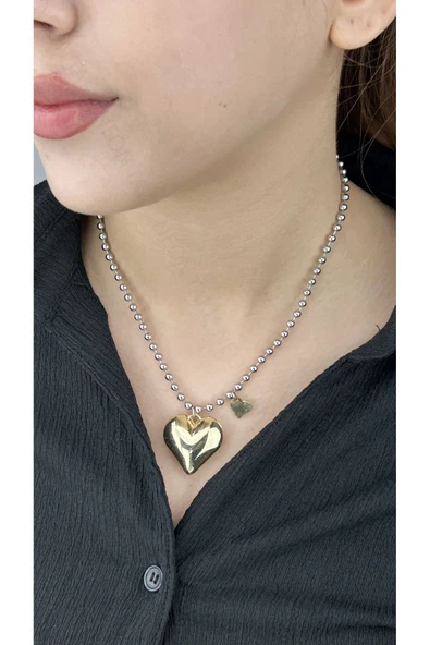 Kolye, Kararmayan Paslanmaz Çelik, Kalp Detaylı, Top Zincir, Gümüş Renk, Model102 - Resim 2