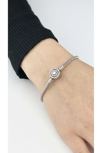 Zirkon Taşlı, Dairesel Klips, Paslanmaz Çelik, Charm Taşıyıcı Pan Bileklik 131, 17cm, Gümüş Renk - 2