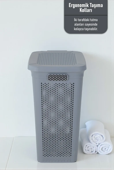 İronika Slim Kapaklı Dekoratif Kirli Çamaşır Sepeti 45 Litre - Gri - 4
