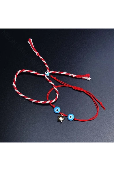 Marteniçka Bileklik, İp, İkili, Kararmayan Yıldız, Boncuklar Turkuaz Renk, Kırmızı Renk, Model8 - Resim 3