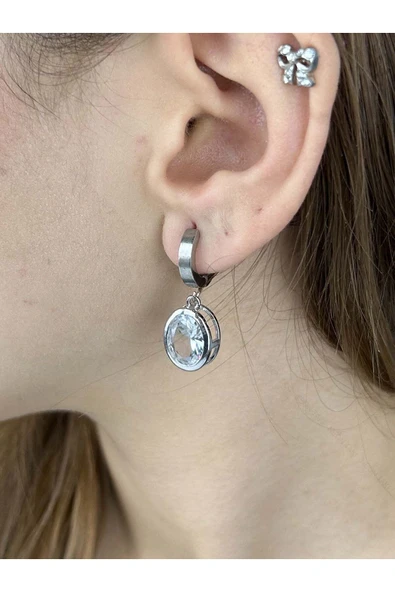 Küpe, Zirkon Taşlı, Kararmayan Paslanmaz Çelik, Sallantılı, Gümüş Renk, Model141 ürün görseli 1