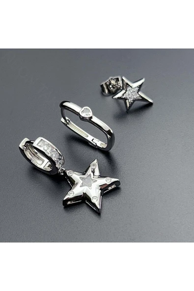 Çoklu Küpe, Zirkon Taş, Yıldız, Platinyum Kaplama Çelik Küpe 553, Gümüş Renk - 2