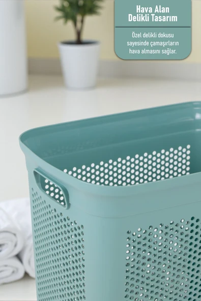 İronika Slim Kapaklı Dekoratif Kirli Çamaşır Sepeti 45 Litre - Yeşil - 3