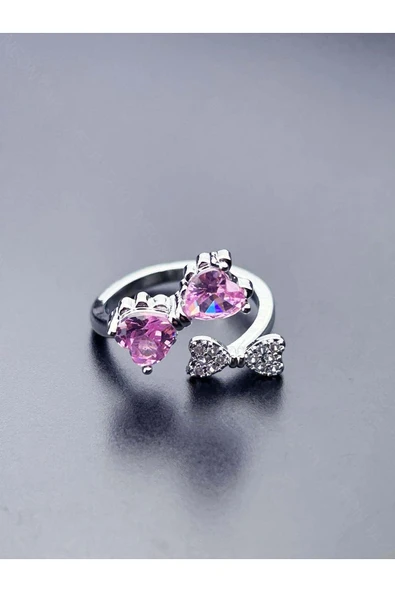 Pembe Taşlı, Kurdele Figürlü, Paslanmaz Çelik Yüzük 154, Gümüş Renk, Ayarlanabilir - 3