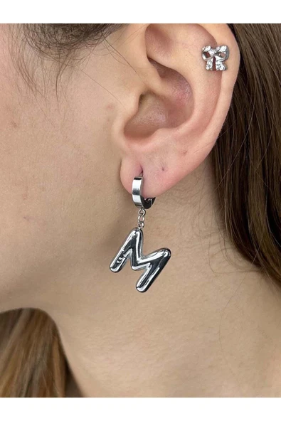 Harf Küpe, Kararmayan Paslanmaz Çelik, M Harf, Balon Formlu, Gümüş Renk, Model297 ürün görseli 1