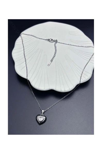 Kolye, Zirkon Taşlı, Kararmayan Paslanmaz Çelik, Kalp Detaylı, Gümüş Renk, Model360 - Resim 4