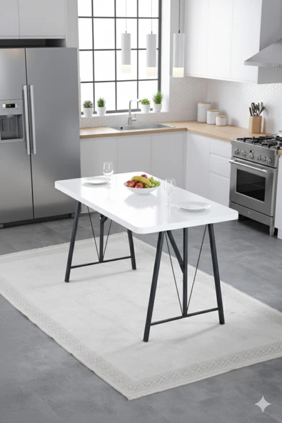 Elfin 70x110cm Sabit Beyaz, Yemek Masası, Yemek Masası Takımı, 2 Krem Benchli - 4