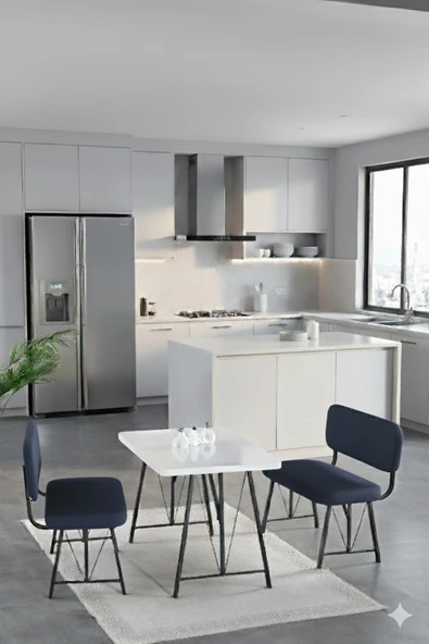 Elfin 70x110cm Sabit Beyaz, Yemek Masası, Yemek Masası Takımı, 2 Lacivert Benchli