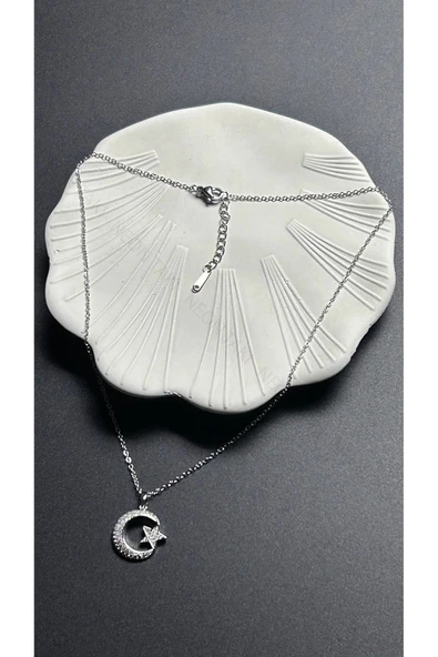 Kolye, Zirkon Taşlı, Kararmayan Paslanmaz Çelik, Ay ve Yıldız Detaylı, Gümüş Renk, Model402 - Resim 5
