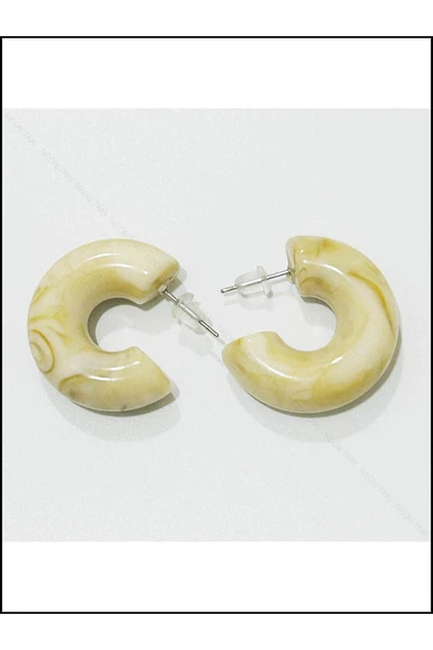 Bej Ve Kahve Mermer Görünümlü, Yarım Halka Model, Küpe 436, Krem Renk - 3