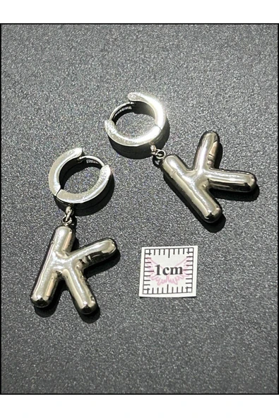 Harf Küpe, Kararmayan Paslanmaz Çelik, K Harf, Balon Formlu, Gümüş Renk, Model296 - Resim 5