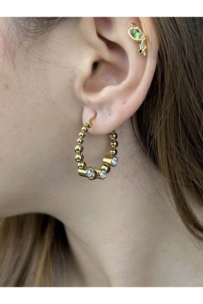 Küpe, Zirkon Taşlı, Kararmayan Paslanmaz Çelik, Halka Model, Topçuklu, Altın Renk, Model321 - Resim 4