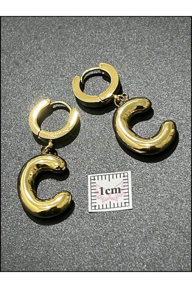 Harf Küpe, Kararmayan Paslanmaz Çelik, C Harf, Balon Formlu, Altın Renk, Model304 - Resim 5