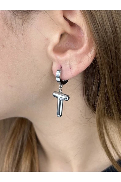 Harf Küpe, Kararmayan Paslanmaz Çelik, T Harf, Balon Formlu, Gümüş Renk, Model299 - Resim 6