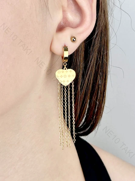 Küpe, Kararmayan Paslanmaz Çelik, Kalp Detaylı, Altın Renk, Model561 ürün görseli 1