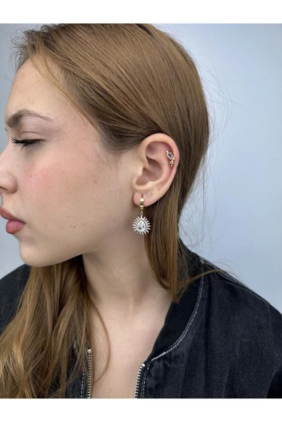 Küpe, Zirkon Taşlı, Kararmayan Paslanmaz Çelik, Sallantılı, Altın Renk, Model489 - Resim 2