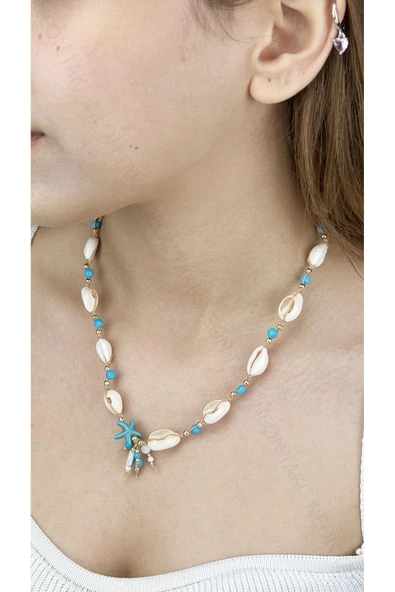 Midye Kabuklu, Mavi Boncuklu, Yaz Kolyesi 393, Altın Renk - 2