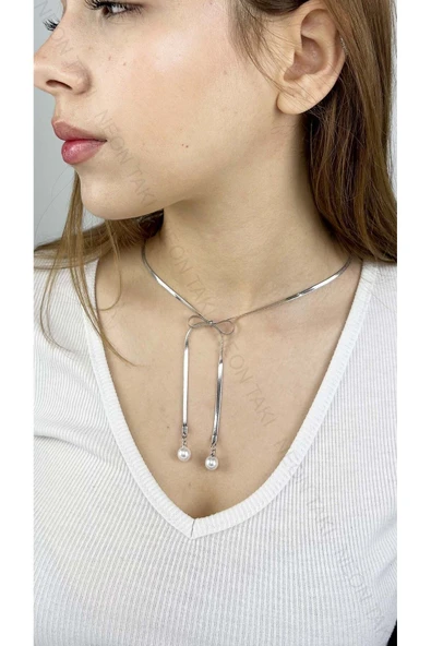 Kolye, Kararmayan Paslanmaz Çelik, Kurdela ve İnci Detaylı, Gümüş Renk, Model356 ürün görseli 1
