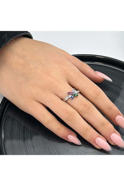 Yüzük, Zirkon Taşlı, Kararmayan Çelik, Çiçek Detaylı, Ölçü Ayarlanabilir, Gümüş Renk, Model93 ürün görseli 1