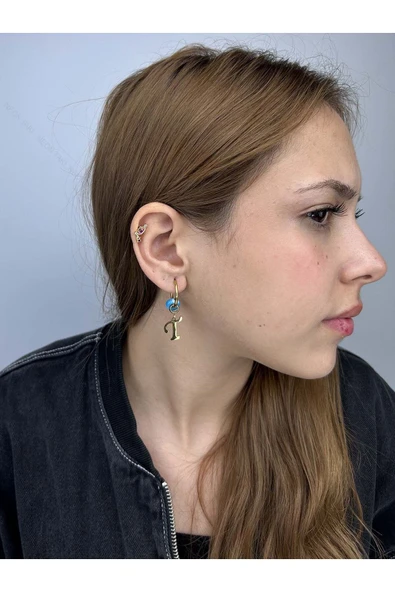 Harf Küpe, Kararmayan Paslanmaz Çelik, T Harf, Nazar Detaylı, Altın Renk, Model167 - Resim 2