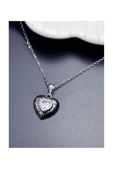Kolye, Zirkon Taşlı, Kararmayan Paslanmaz Çelik, Kalp Detaylı, Gümüş Renk, Model360 - Resim 3