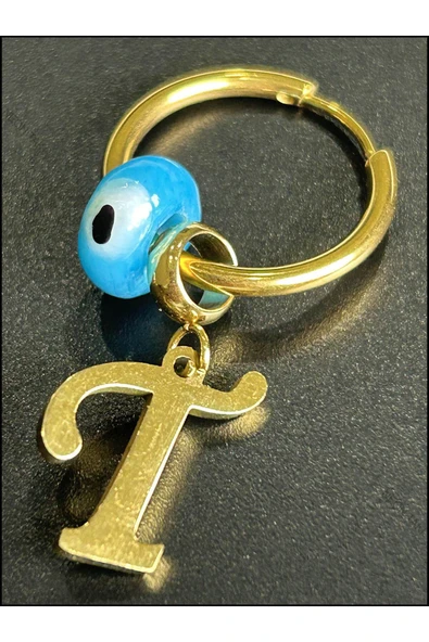 Harf Küpe, Kararmayan Paslanmaz Çelik, T Harf, Nazar Detaylı, Altın Renk, Model167 - Resim 4