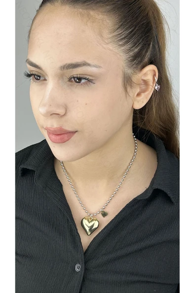 Kolye, Kararmayan Paslanmaz Çelik, Kalp Detaylı, Top Zincir, Gümüş Renk, Model102 ürün görseli 1