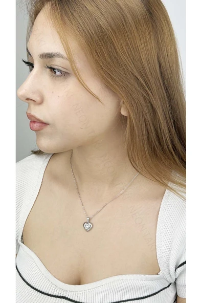 Kolye, Zirkon Taşlı, Kararmayan Paslanmaz Çelik, Kalp Detaylı, Gümüş Renk, Model360 ürün görseli 1