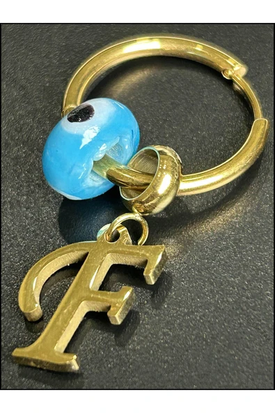 Harf Küpe, Kararmayan Paslanmaz Çelik, F Harf, Nazar Detaylı, Altın Renk, Model160 - Resim 4