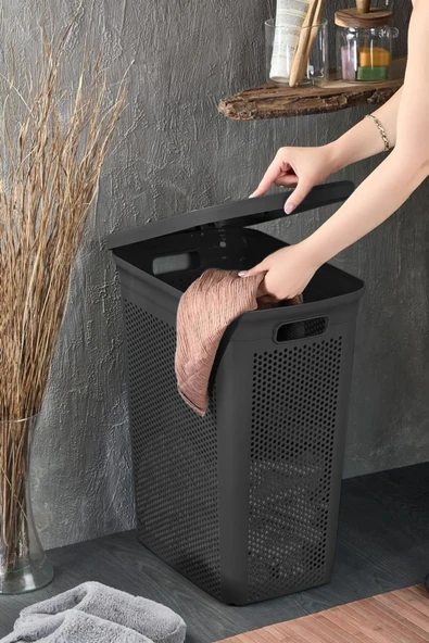 İronika Slim Kapaklı Dekoratif Kirli Çamaşır Sepeti 45 Litre - Siyah