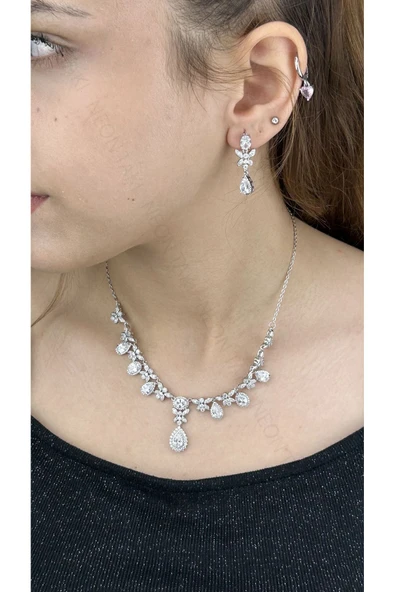 Zirkon Taşlı, Rodyum Kaplama Kolye Küpe Seti 52, Gümüş Renk - 6
