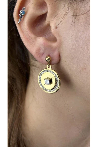 Küpe, Zirkon Taşlı, Kararmayan Paslanmaz Çelik, Sallantılı Daire Model, Altın Renk, Model263 ürün görseli 1