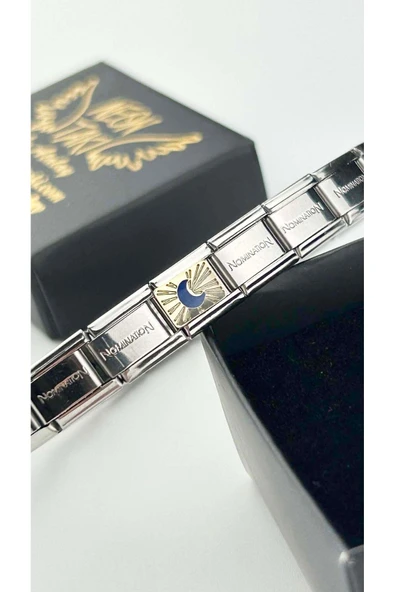 Charm, İtalyan Bileklik için, Kararmayan, Sarı Fonda Mavi Ay, BİLEKLİK DAHİL DEĞİL, Gümüş Renk, - Resim 2